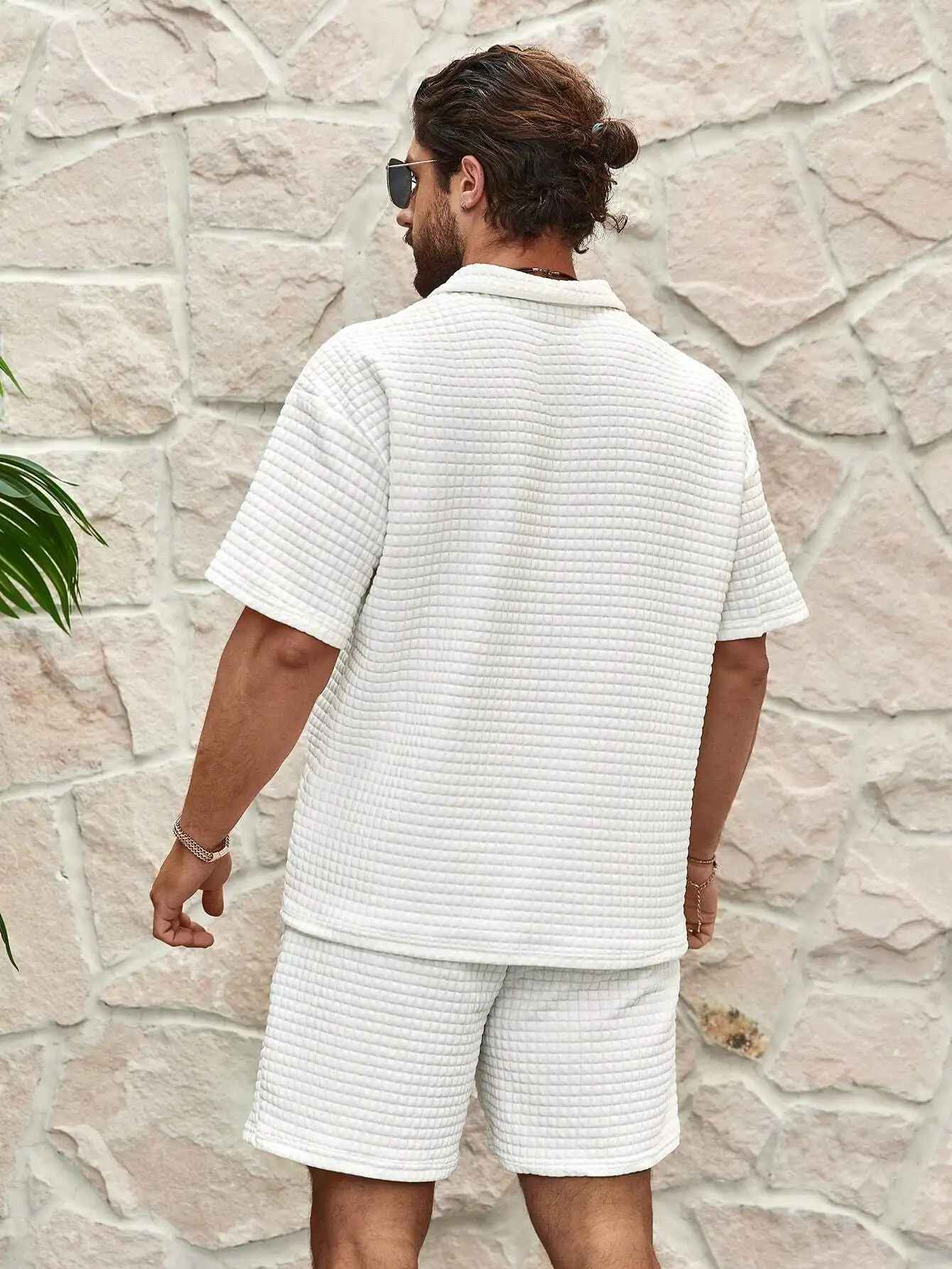 2025 Summer Men's Set New Fashionable Style Simple Waffle Color Solid Color Collar Polo Shirt Short Sleeve Shorts Sports Set