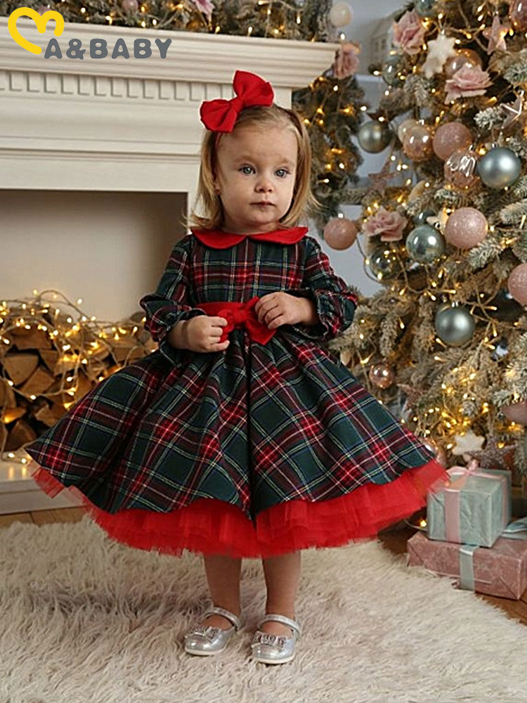 Ma&Baby 1-7Y 2024 Christmas Girls Red Dress Kid Toddler Girl Plaid Bow Tulle Tutu Party Dresses Children New Year Xmas Costumes