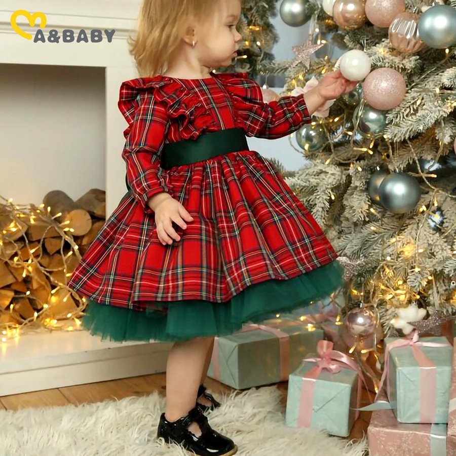 Ma&Baby 1-7Y 2024 Christmas Girls Red Dress Kid Toddler Girl Plaid Bow Tulle Tutu Party Dresses Children New Year Xmas Costumes
