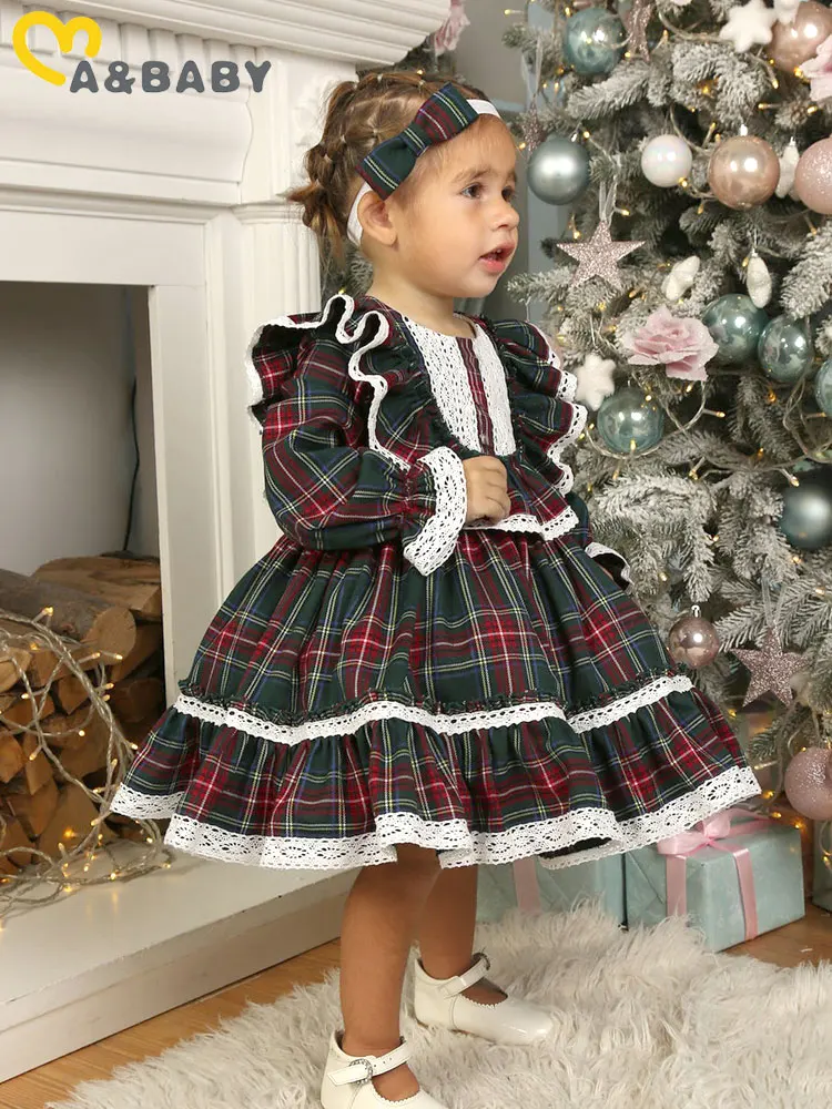 Ma&Baby 1-7Y 2024 Christmas Girls Red Dress Kid Toddler Girl Plaid Bow Tulle Tutu Party Dresses Children New Year Xmas Costumes
