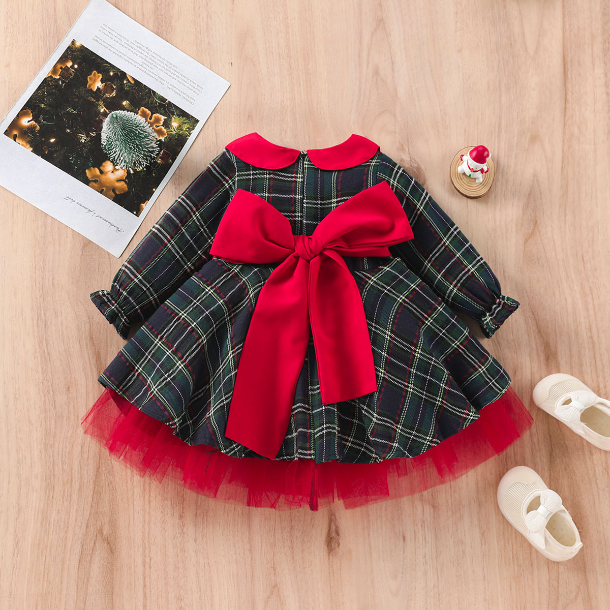Ma&Baby 1-7Y 2024 Christmas Girls Red Dress Kid Toddler Girl Plaid Bow Tulle Tutu Party Dresses Children New Year Xmas Costumes