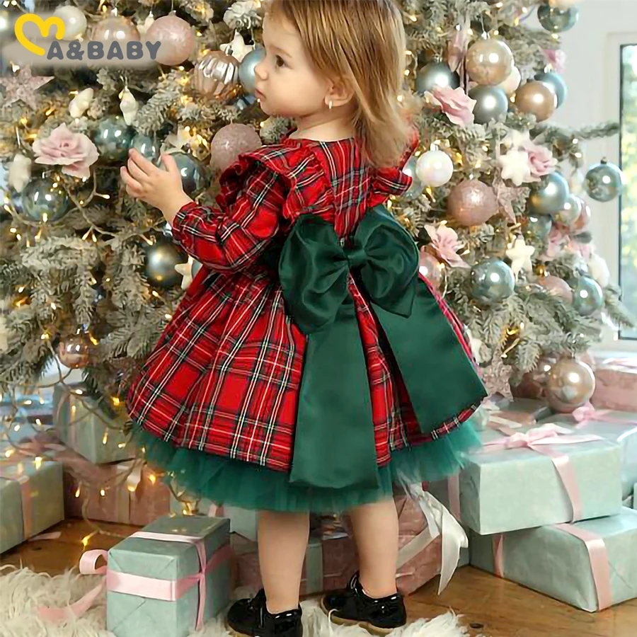 Ma&Baby 1-7Y 2024 Christmas Girls Red Dress Kid Toddler Girl Plaid Bow Tulle Tutu Party Dresses Children New Year Xmas Costumes