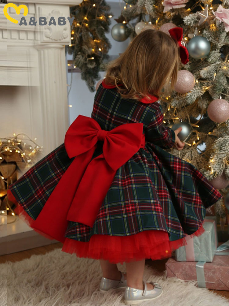 Ma&Baby 1-7Y 2024 Christmas Girls Red Dress Kid Toddler Girl Plaid Bow Tulle Tutu Party Dresses Children New Year Xmas Costumes