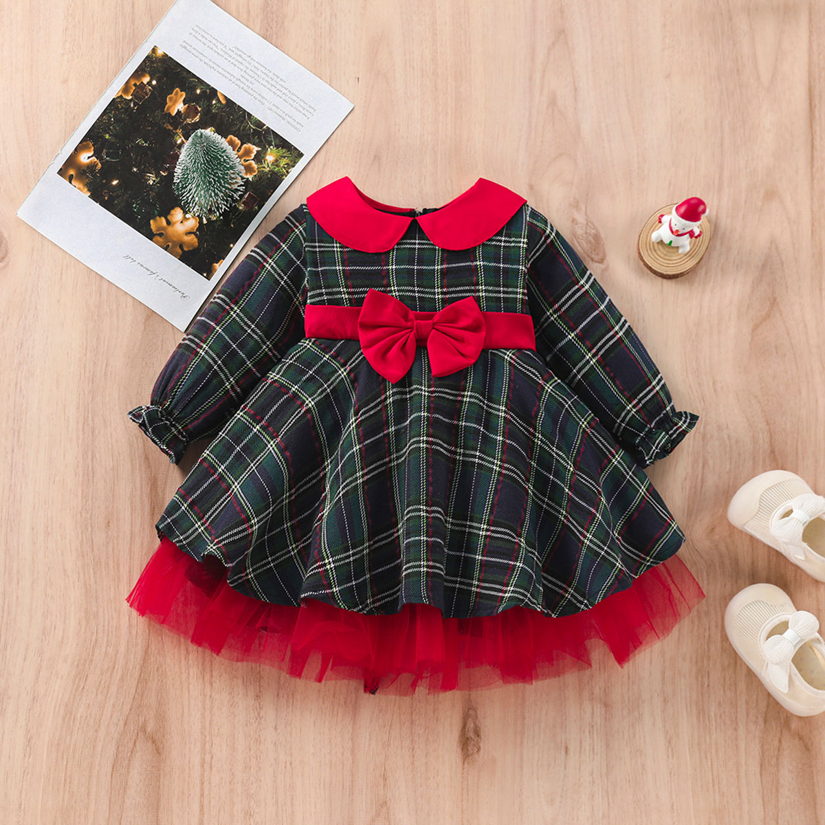 Ma&Baby 1-7Y 2024 Christmas Girls Red Dress Kid Toddler Girl Plaid Bow Tulle Tutu Party Dresses Children New Year Xmas Costumes