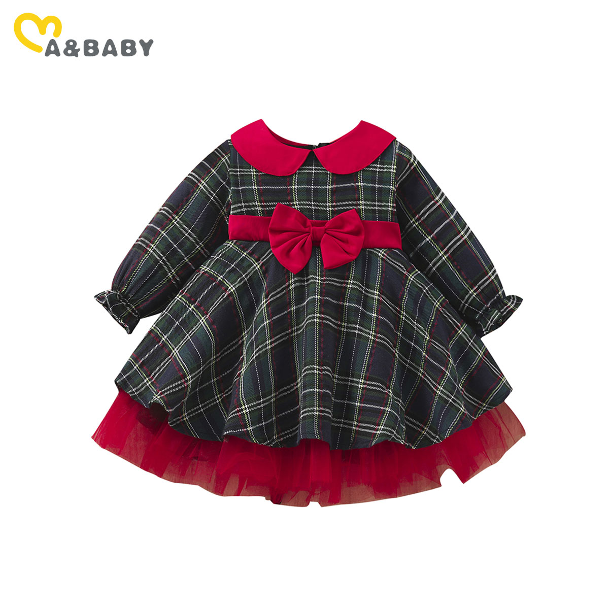 Ma&Baby 1-7Y 2024 Christmas Girls Red Dress Kid Toddler Girl Plaid Bow Tulle Tutu Party Dresses Children New Year Xmas Costumes