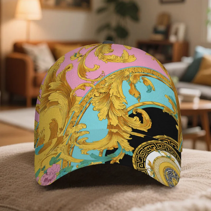 1pc Baroque Fantasy Print Baseball Cap - Adjustable Snapback Hat with Vibrant Full-Body Design, Black & Golden Accents, Perfect
