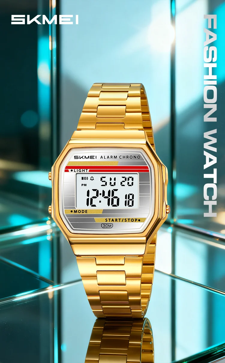 SKMEI 2514 New Men's Digital Watch Retro Square Gold Case Stainless Steel Strap Stopwatch Alarm Clock Classic Watch Reloj Hombre