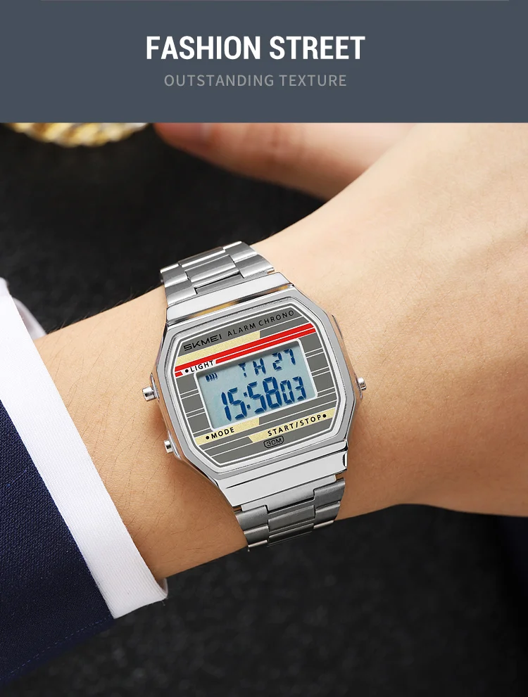 SKMEI 2514 New Men's Digital Watch Retro Square Gold Case Stainless Steel Strap Stopwatch Alarm Clock Classic Watch Reloj Hombre
