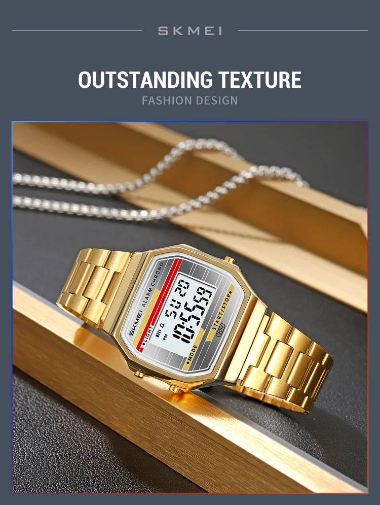 SKMEI 2514 New Men's Digital Watch Retro Square Gold Case Stainless Steel Strap Stopwatch Alarm Clock Classic Watch Reloj Hombre