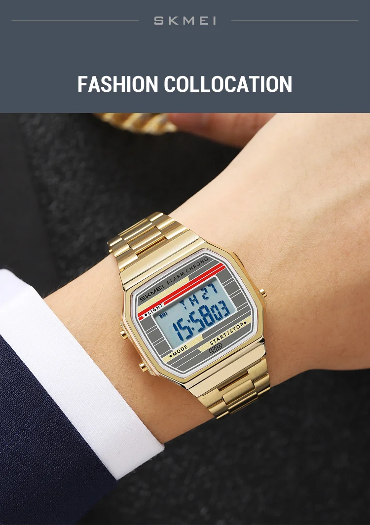 SKMEI 2514 New Men's Digital Watch Retro Square Gold Case Stainless Steel Strap Stopwatch Alarm Clock Classic Watch Reloj Hombre
