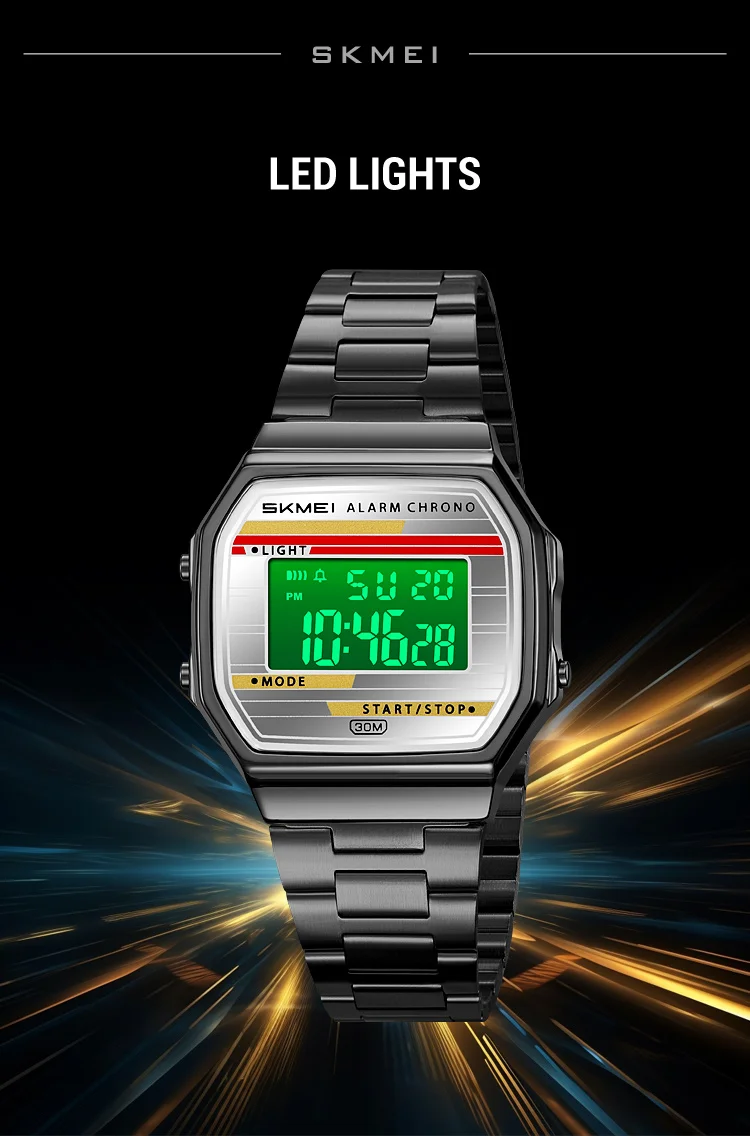 SKMEI 2514 New Men's Digital Watch Retro Square Gold Case Stainless Steel Strap Stopwatch Alarm Clock Classic Watch Reloj Hombre
