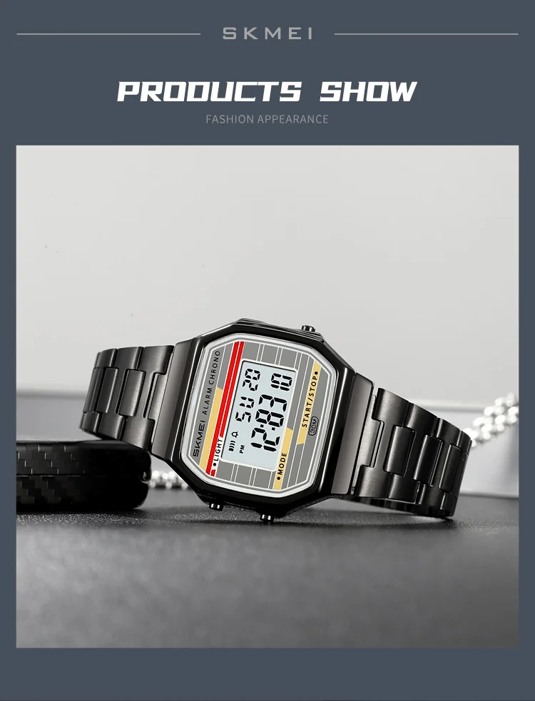 SKMEI 2514 New Men's Digital Watch Retro Square Gold Case Stainless Steel Strap Stopwatch Alarm Clock Classic Watch Reloj Hombre