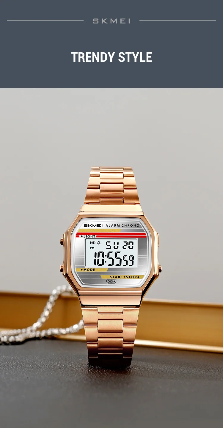 SKMEI 2514 New Men's Digital Watch Retro Square Gold Case Stainless Steel Strap Stopwatch Alarm Clock Classic Watch Reloj Hombre