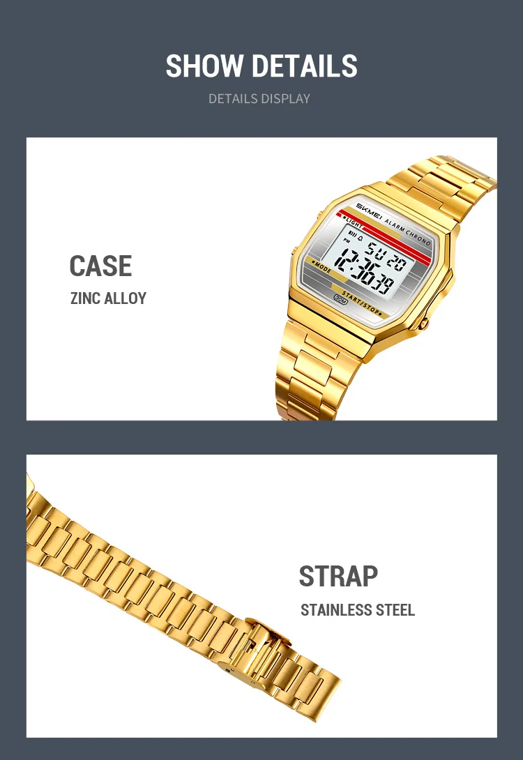 SKMEI 2514 New Men's Digital Watch Retro Square Gold Case Stainless Steel Strap Stopwatch Alarm Clock Classic Watch Reloj Hombre