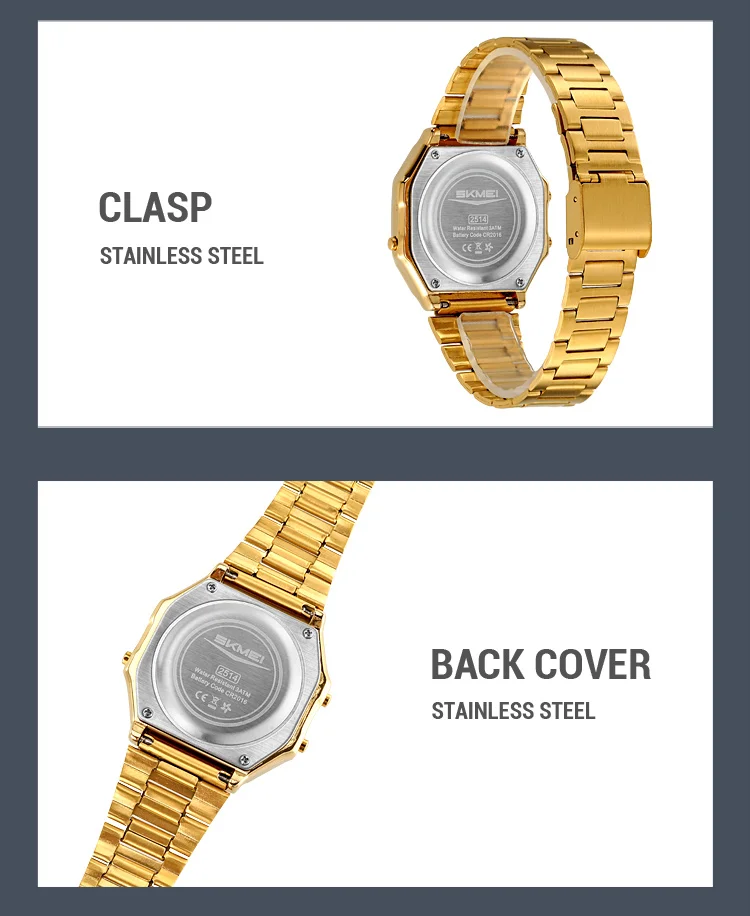 SKMEI 2514 New Men's Digital Watch Retro Square Gold Case Stainless Steel Strap Stopwatch Alarm Clock Classic Watch Reloj Hombre