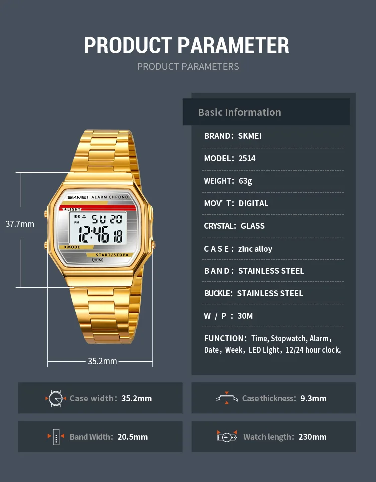 SKMEI 2514 New Men's Digital Watch Retro Square Gold Case Stainless Steel Strap Stopwatch Alarm Clock Classic Watch Reloj Hombre