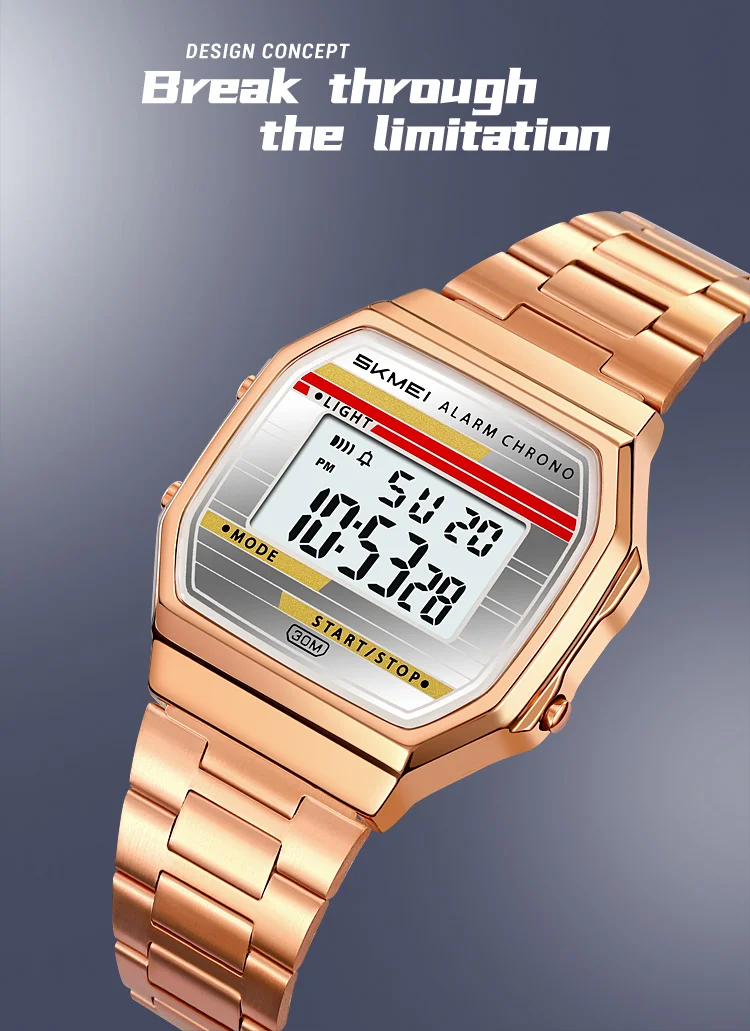 SKMEI 2514 New Men's Digital Watch Retro Square Gold Case Stainless Steel Strap Stopwatch Alarm Clock Classic Watch Reloj Hombre