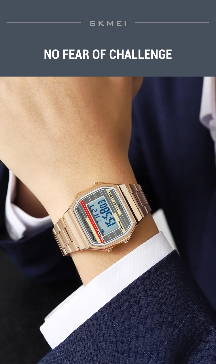 SKMEI 2514 New Men's Digital Watch Retro Square Gold Case Stainless Steel Strap Stopwatch Alarm Clock Classic Watch Reloj Hombre