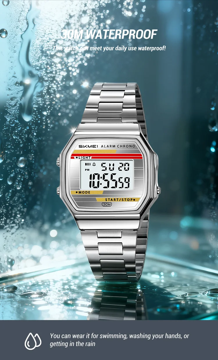 SKMEI 2514 New Men's Digital Watch Retro Square Gold Case Stainless Steel Strap Stopwatch Alarm Clock Classic Watch Reloj Hombre
