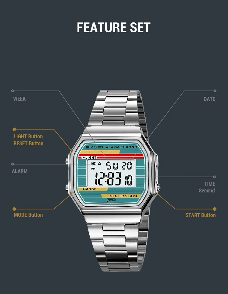 SKMEI 2514 New Men's Digital Watch Retro Square Gold Case Stainless Steel Strap Stopwatch Alarm Clock Classic Watch Reloj Hombre