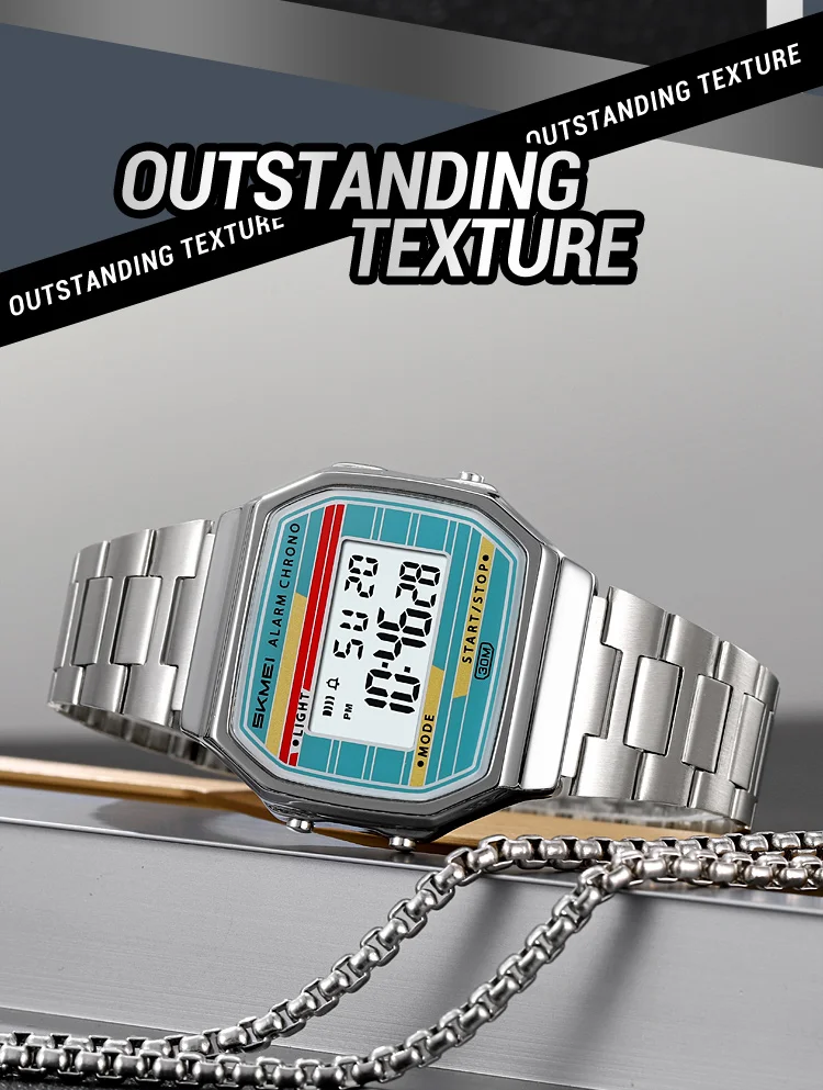 SKMEI 2514 New Men's Digital Watch Retro Square Gold Case Stainless Steel Strap Stopwatch Alarm Clock Classic Watch Reloj Hombre