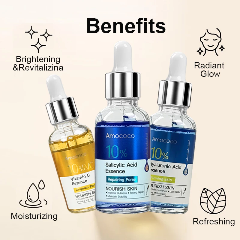 Amococo 2pcs Facial Serum 30ml 10% Salicylic Acid Essence Vitamin C Essence Hyaluronic Acid Face Serum Moisturizing Hydrating Skin Care Brightening Nourishing Essence for Daily Face Care