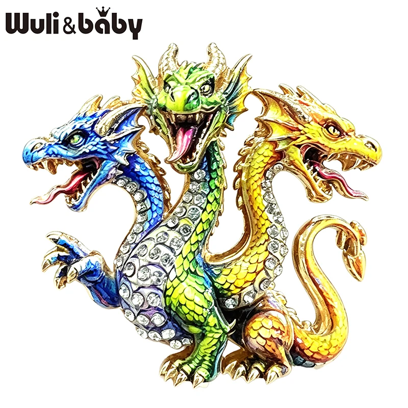 Wuli&baby Vintage 3‑Headed Dragon Brooches For Women Men 4-color Rhinestone Colorful Crystal Party Casual Brooch Pins Gift
