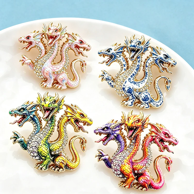 Wuli&baby Vintage 3‑Headed Dragon Brooches For Women Men 4-color Rhinestone Colorful Crystal Party Casual Brooch Pins Gift