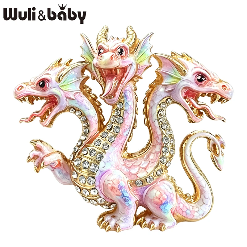 Wuli&baby Vintage 3‑Headed Dragon Brooches For Women Men 4-color Rhinestone Colorful Crystal Party Casual Brooch Pins Gift