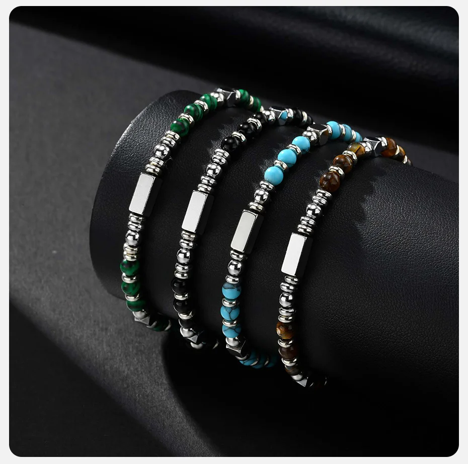Vnox Handmade Beaded Bracelet with Natural Stone (Malachite/Obsidian/Turquoise/Tiger Eye), Bohemian Style Jewelry for Men