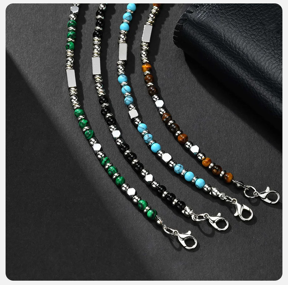 Vnox Handmade Beaded Bracelet with Natural Stone (Malachite/Obsidian/Turquoise/Tiger Eye), Bohemian Style Jewelry for Men