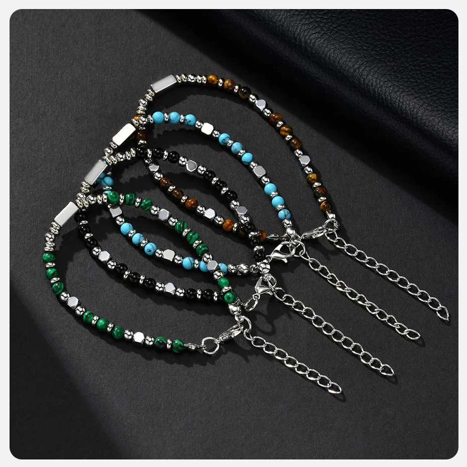 Vnox Handmade Beaded Bracelet with Natural Stone (Malachite/Obsidian/Turquoise/Tiger Eye), Bohemian Style Jewelry for Men