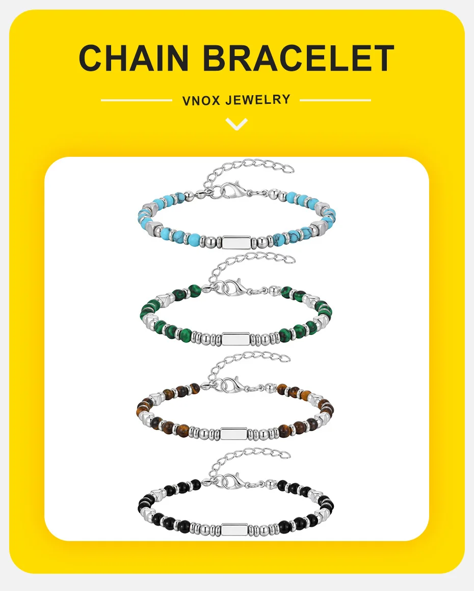 Vnox Handmade Beaded Bracelet with Natural Stone (Malachite/Obsidian/Turquoise/Tiger Eye), Bohemian Style Jewelry for Men