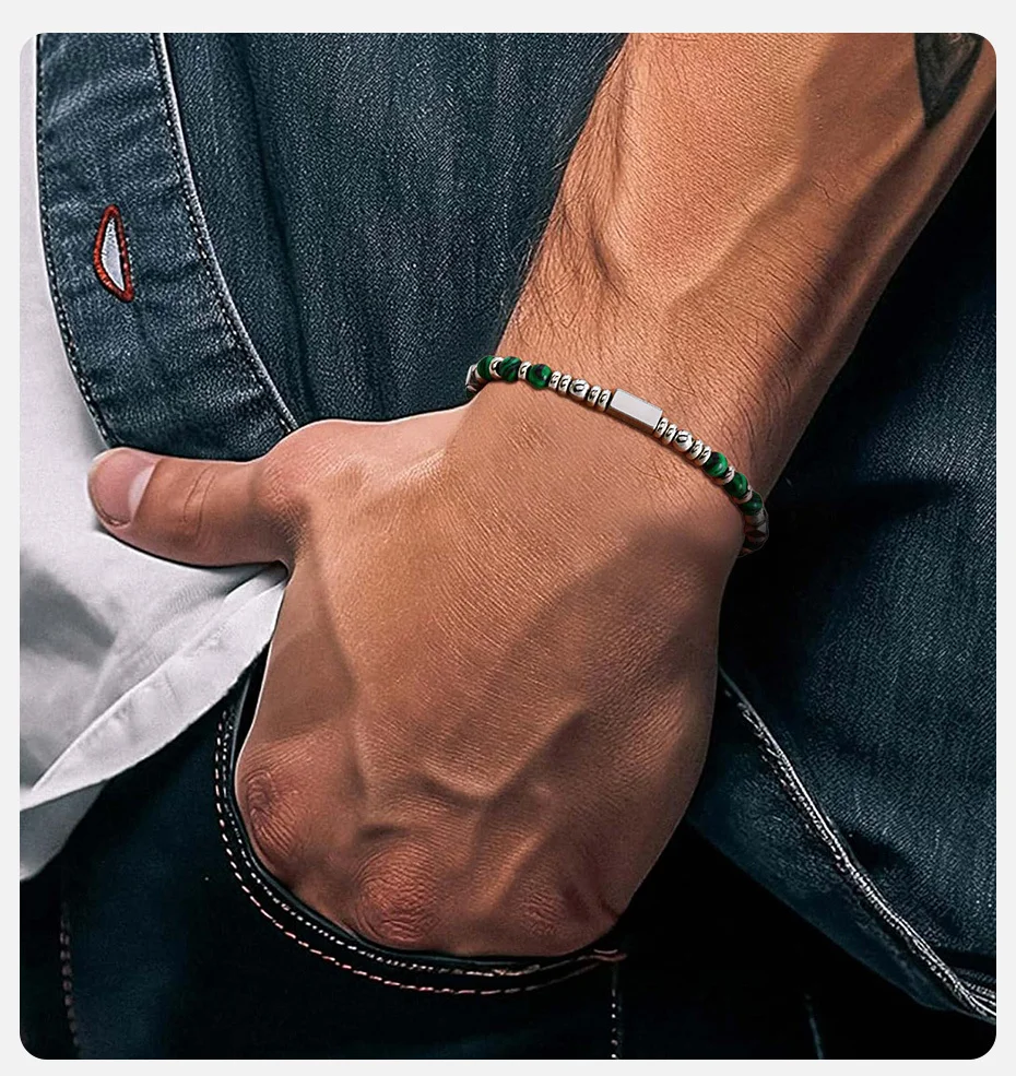 Vnox Handmade Beaded Bracelet with Natural Stone (Malachite/Obsidian/Turquoise/Tiger Eye), Bohemian Style Jewelry for Men