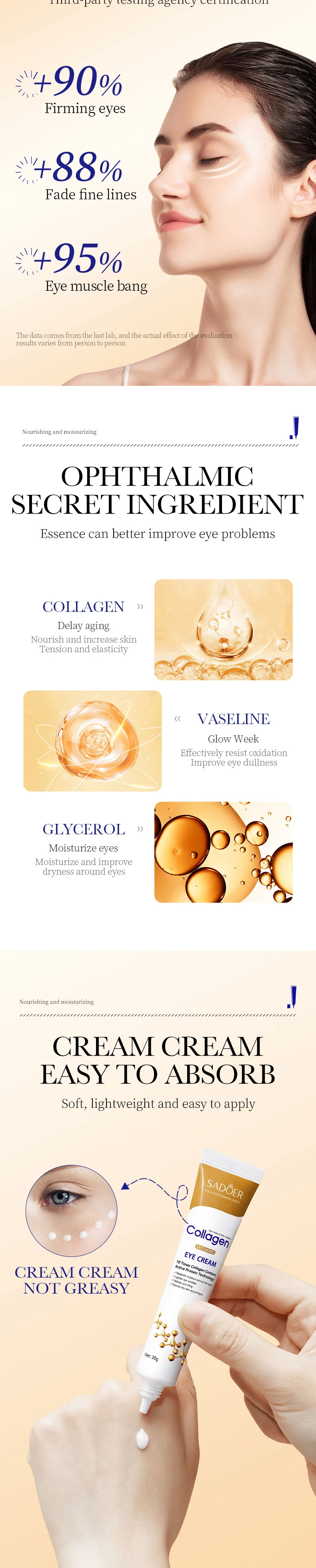 SADOER Collagen Eye Cream Retinol Eye Cream Anti Dark Circles Eye Bag Firming Skin Moisturizing Skincare Skin Care for Eyes Care