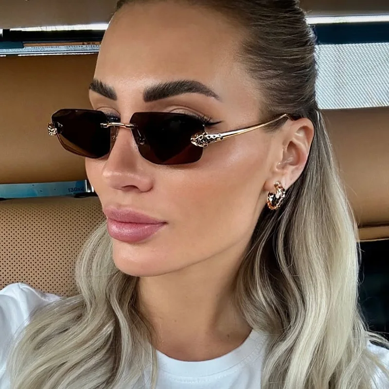 Classic Frameless Small Frame Fashion Sunglasses Metal Polygonal Cheetah Sunglasses High-End Luxury Retro Sunglasses Women UV400
