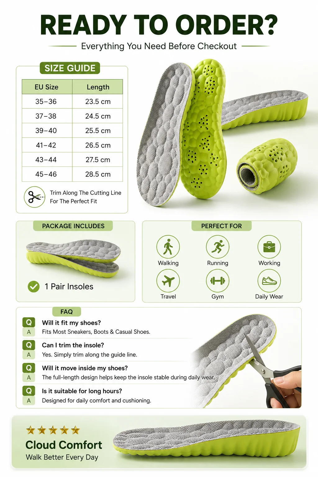 4D Cloud Sport Insoles PU Air Cushion Breathable Shock Absorption Height Increase Shoe Insoles for Men Women Run Walk Sneakers