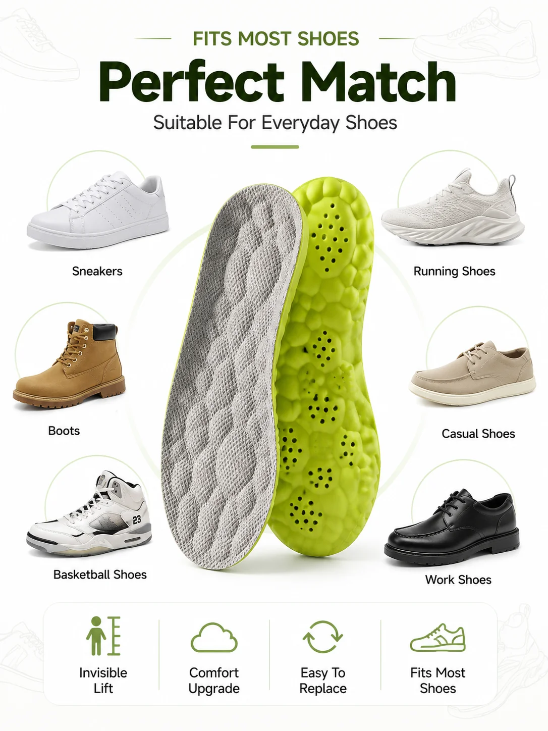 4D Cloud Sport Insoles PU Air Cushion Breathable Shock Absorption Height Increase Shoe Insoles for Men Women Run Walk Sneakers