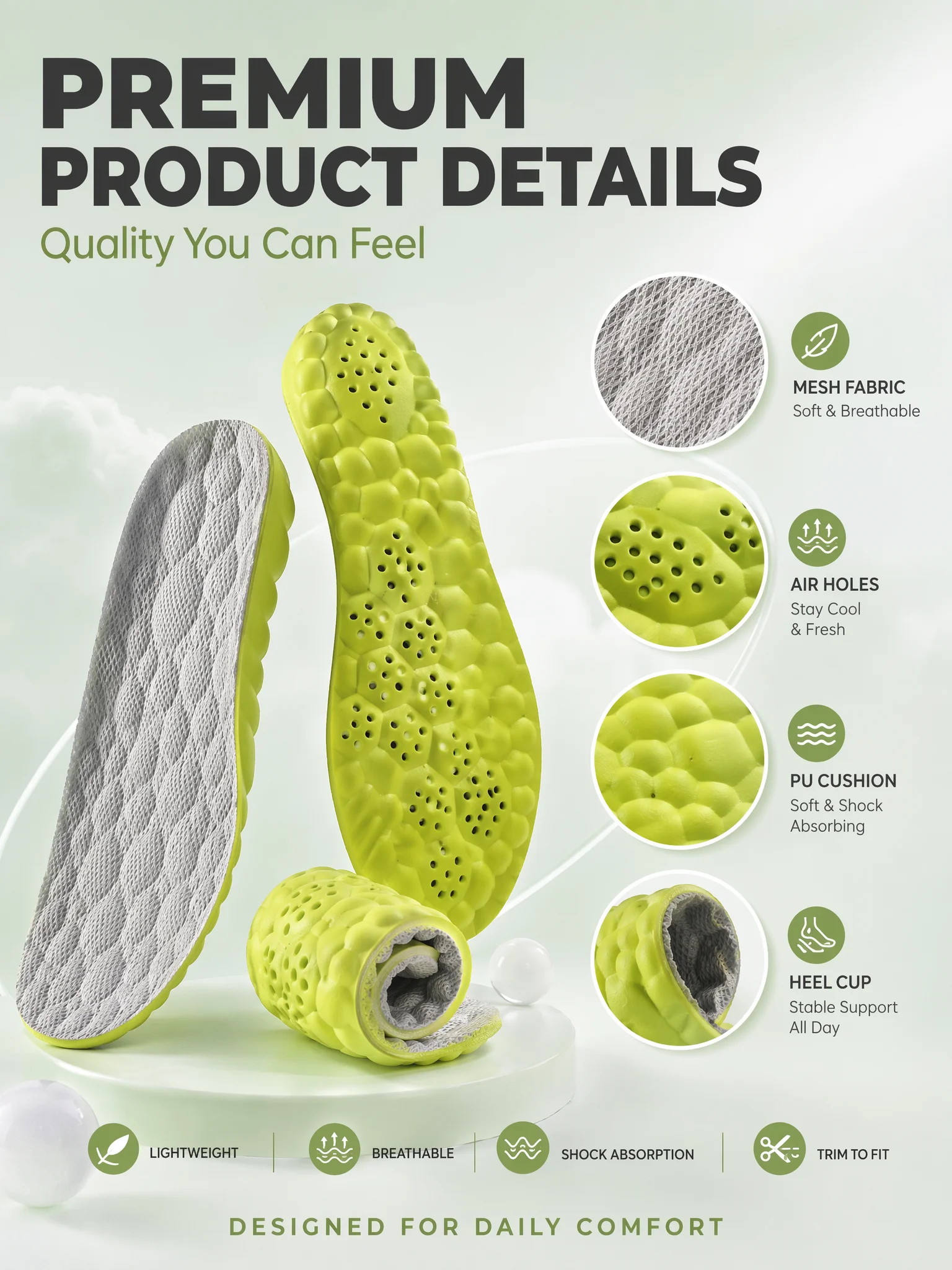 4D Cloud Sport Insoles PU Air Cushion Breathable Shock Absorption Height Increase Shoe Insoles for Men Women Run Walk Sneakers