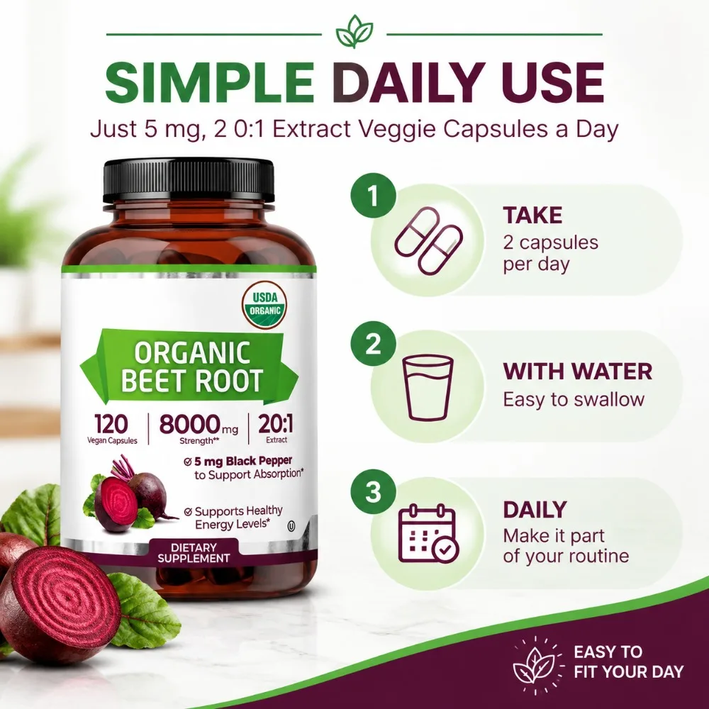 Organic Beet Root - Supports Cardiovascular Health & Healthy Blood Flow - 8000mg with Black Pepper 20:1 High Potency - 120 Ct