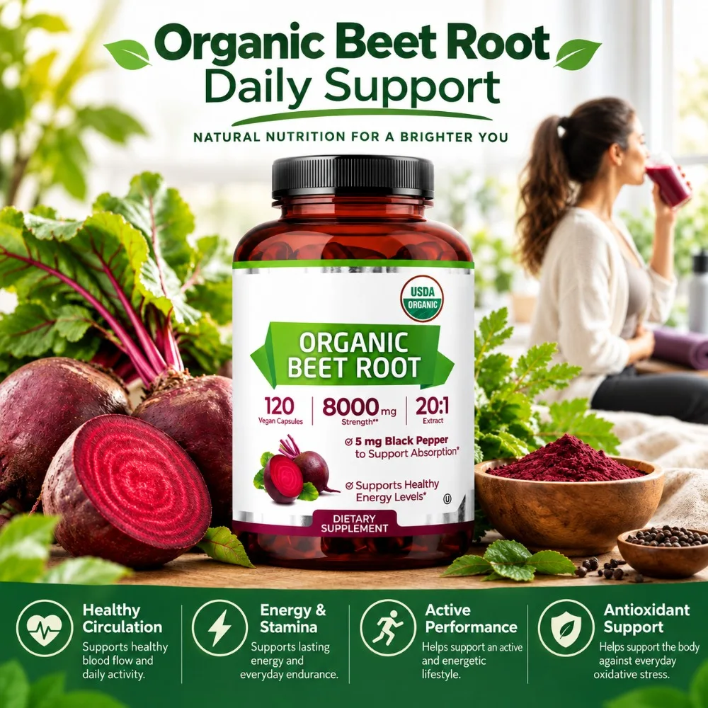 Organic Beet Root - Supports Cardiovascular Health & Healthy Blood Flow - 8000mg with Black Pepper 20:1 High Potency - 120 Ct