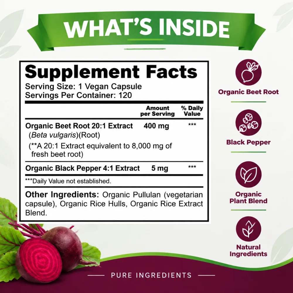 Organic Beet Root - Supports Cardiovascular Health & Healthy Blood Flow - 8000mg with Black Pepper 20:1 High Potency - 120 Ct
