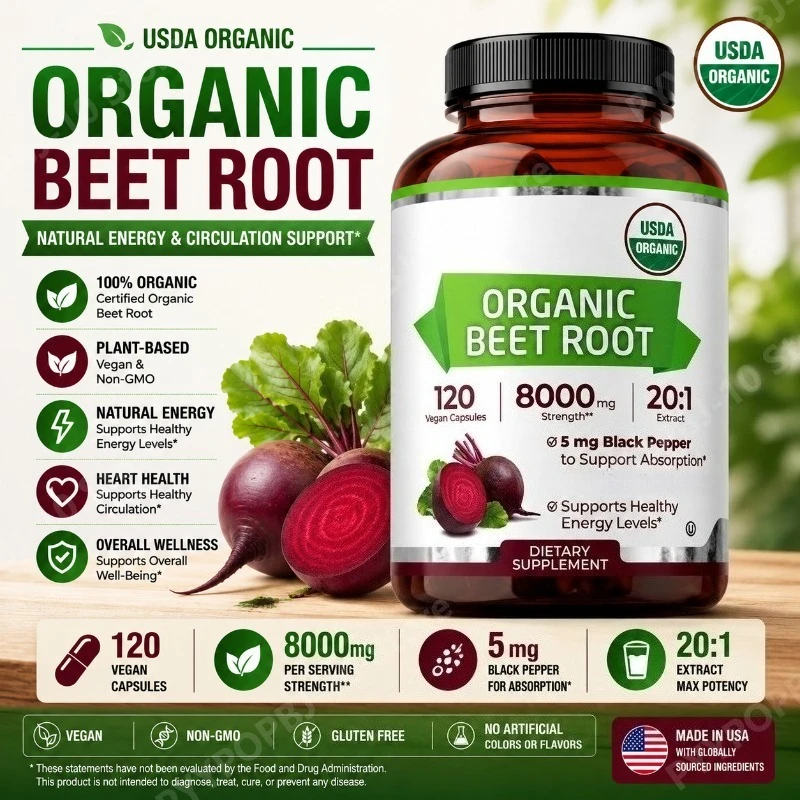 Organic Beet Root - Supports Cardiovascular Health & Healthy Blood Flow - 8000mg with Black Pepper 20:1 High Potency - 120 Ct