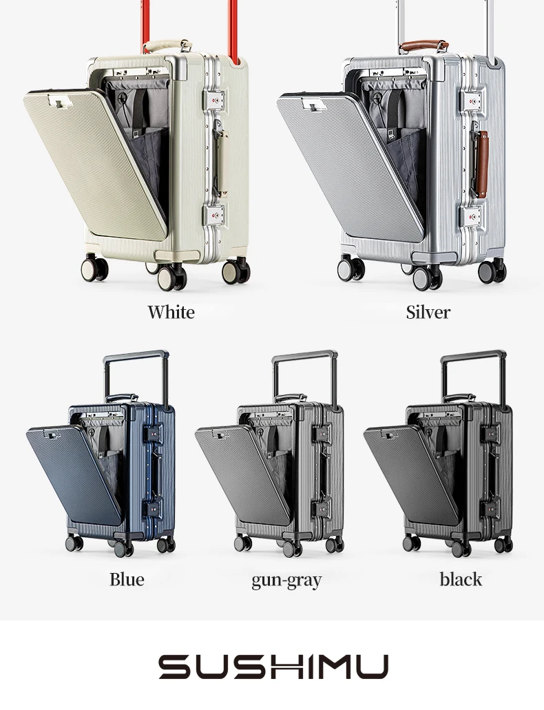 SUSHIMU Wide Trolley Luggage Front Opening Multi-Functional Women 20-Inch Small Lightweight Boarding Box 24-Inch Men's Suitcase