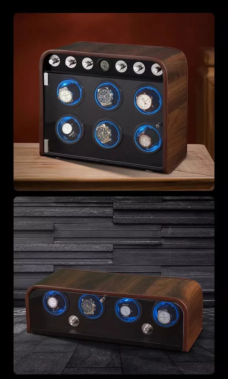 CCZIDONGH Automatic Watch Winder Retro Wooden Texture Blue LED Light Mute Motor Shaker Automatic Watch Box