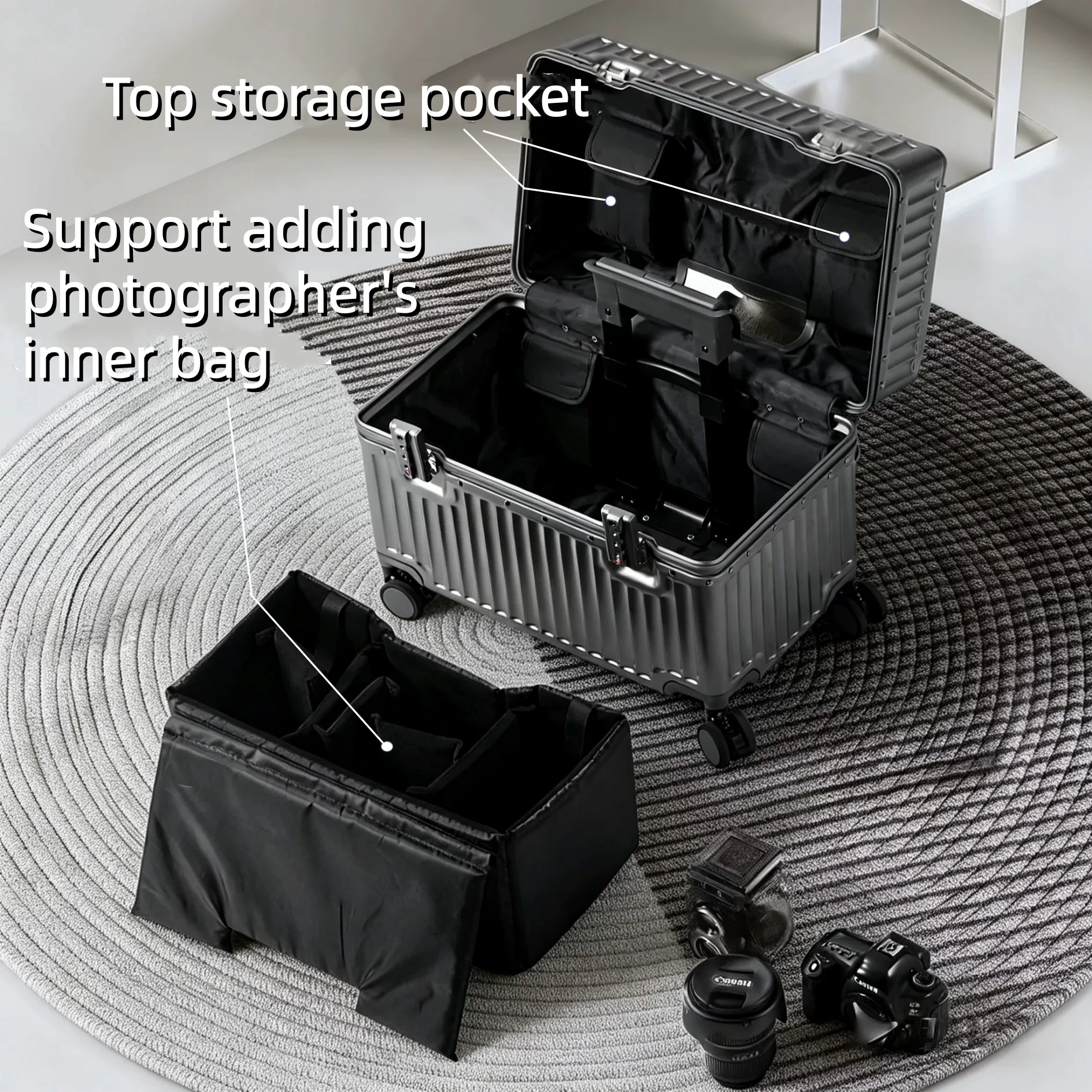 Top Opening Suitcase 18/20 Boarding Carry-on Travel Photographer Rolling Luggage PC Material with Aluminum Alloy Frame TSA Lock