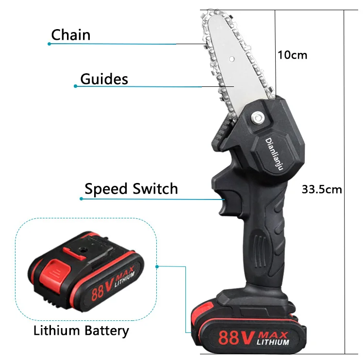 1080W 4Inch 88VF Mini Electric Chain Saw with Upgraded Battery Rechargeable Woodworking Pruning One-handed Saw Garden Tool