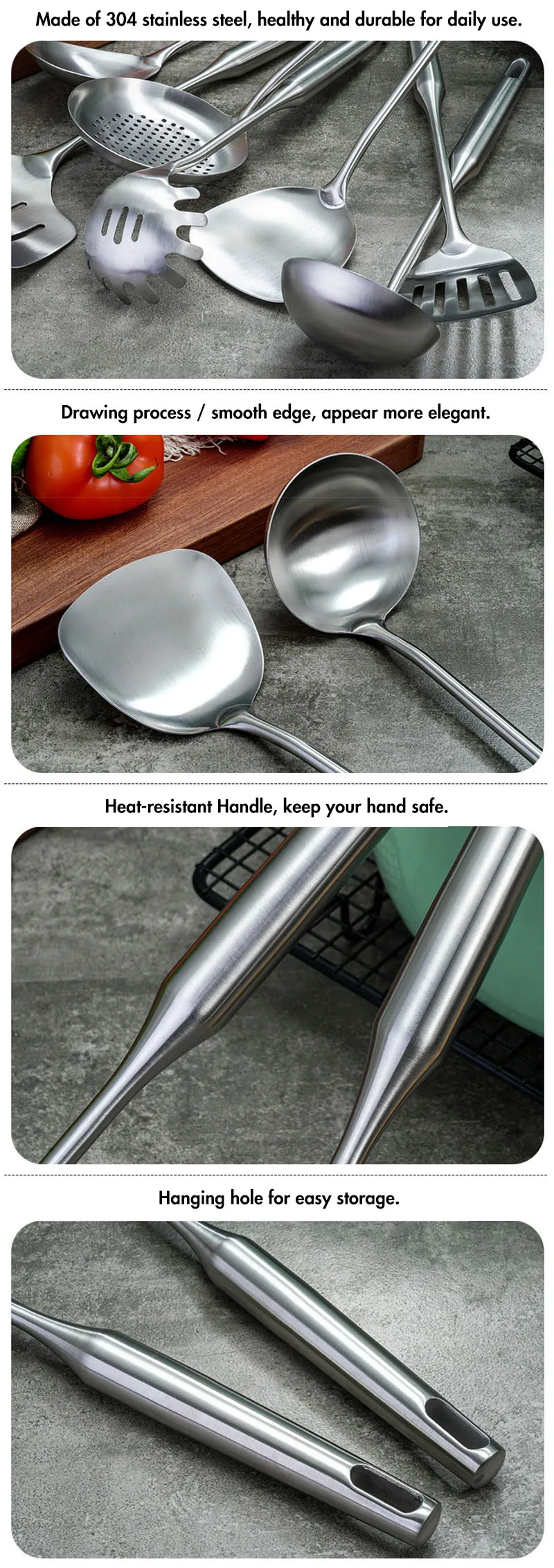 9-Piece Stainless Steel Kitchen Utensils Set, Heat-Resistant Cooking Tools Kitchenware - Turner Soup Spoon Pasta Server Strainer