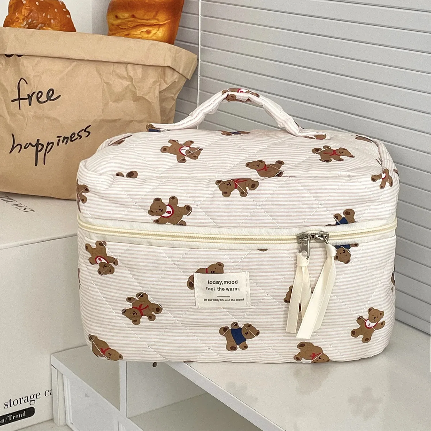 Cute Bear Print Baby Diaper Bag Mommy Makeup Pouch Women's Cosmetic Bag Large Capacity Toiletry Storage Bag Nappy Organizer