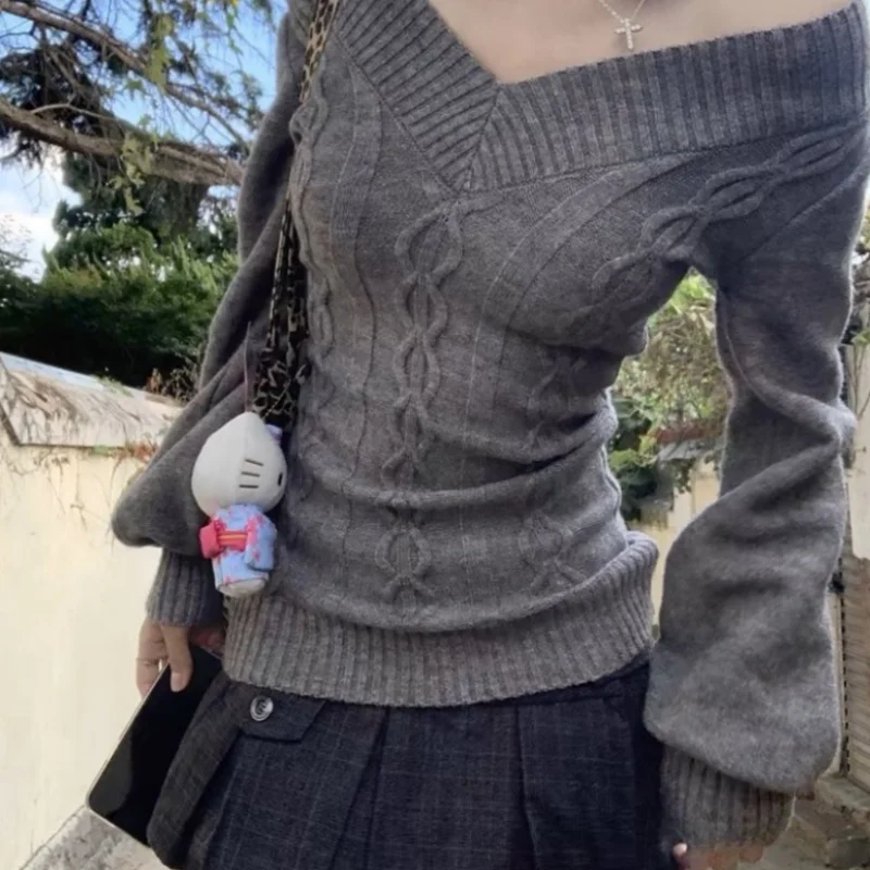 Fashion Vintage V-neck Knitted Tops Women Early Autumn New Sweaters Pullover Slim Long Sleeve Pullovers Sexy Hotsweet Sweaters